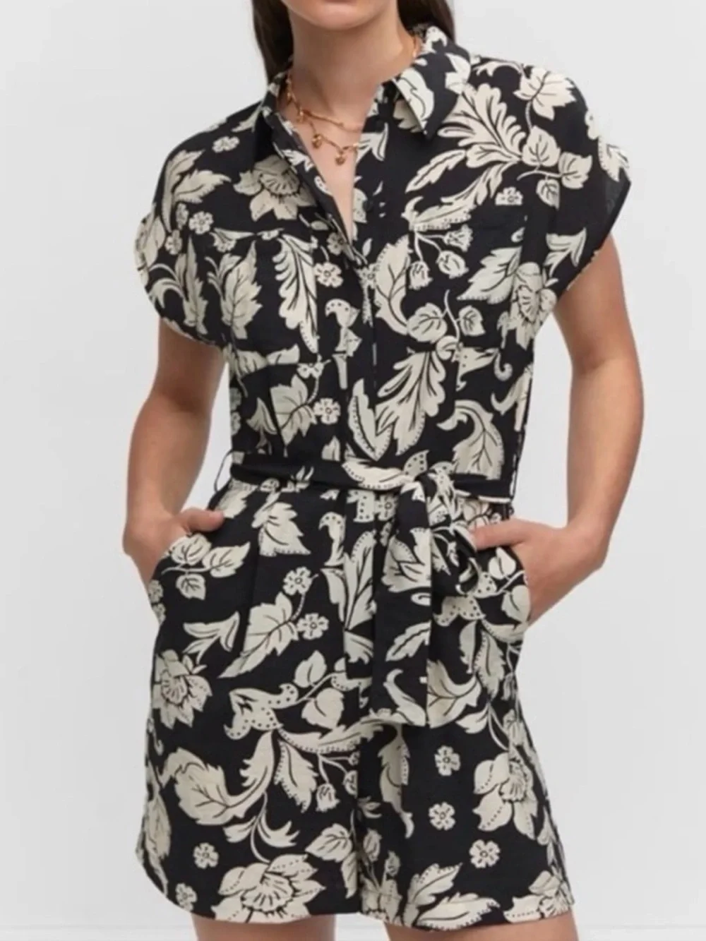 Rachel Zoe Black and White Floral Button Romper - Picture 1 of 5